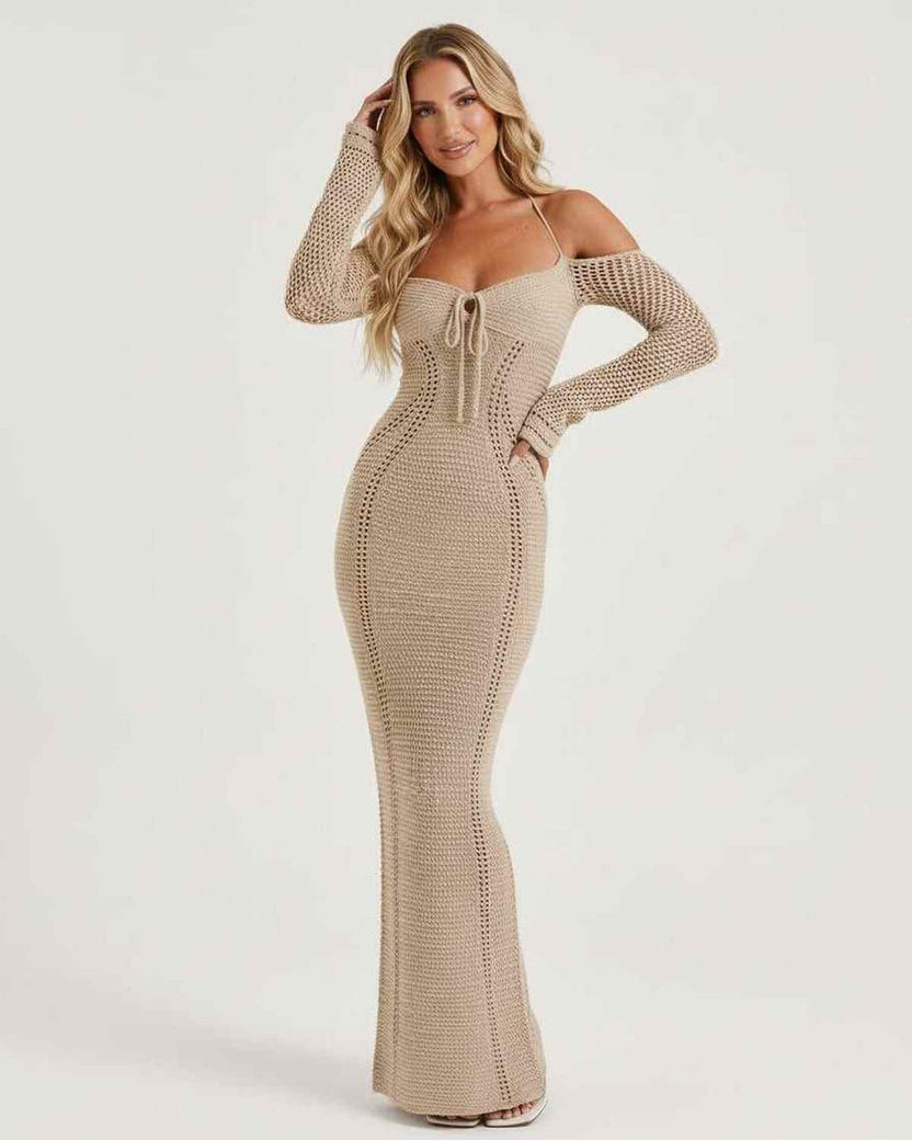 Soleil Maxi Dress - Textured knit long sleeve dress with open back detail by Lauven, showcasing a sleek silhouette and artisanal finish.