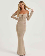 Soleil Maxi Dress - Textured Knit Long Sleeve Dress with Open Back Detail by Lauven, offering elegance and style.