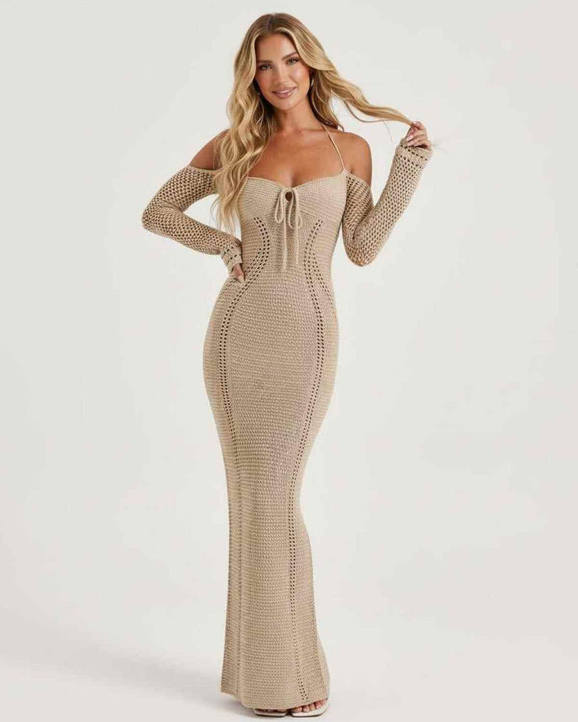 Soleil Maxi Dress - Textured Knit Long Sleeve Dress with Open Back Detail by Lauven, offering elegance and style.