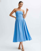 Soleil Midi Dress - Strapless light blue dress with pleated skirt, modern and feminine by Lauven.