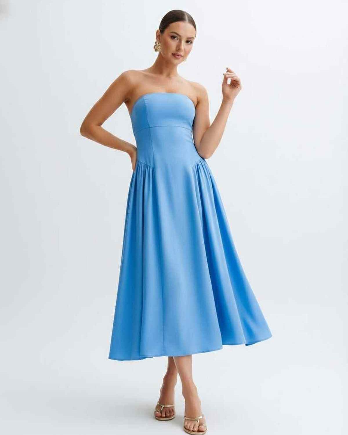 Soleil Midi Dress - Strapless light blue dress with pleated skirt, modern and feminine by Lauven.