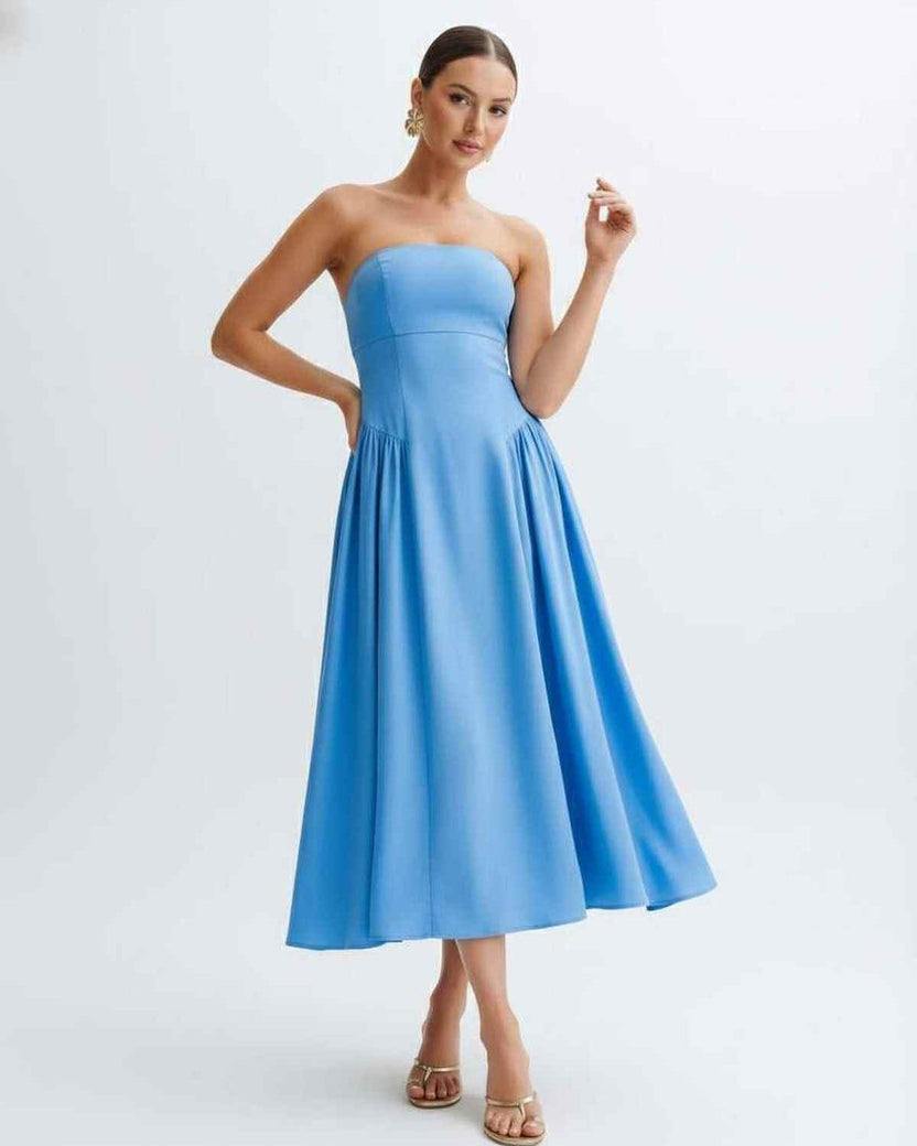 Soleil Midi Dress - Strapless light blue dress with pleated skirt, modern and feminine by Lauven.