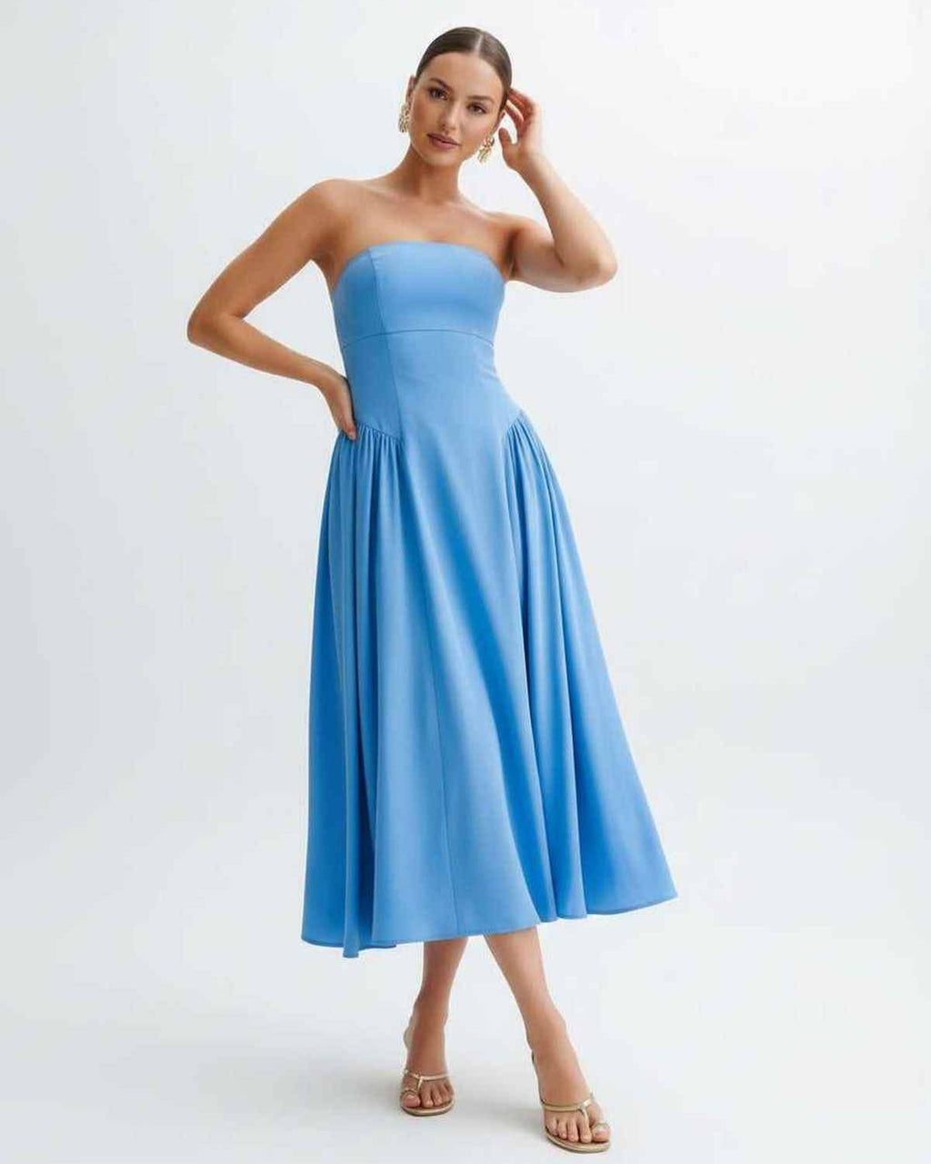 Soleil Midi Dress by Lauven, light blue strapless midi dress with pleated skirt, modern and feminine silhouette.