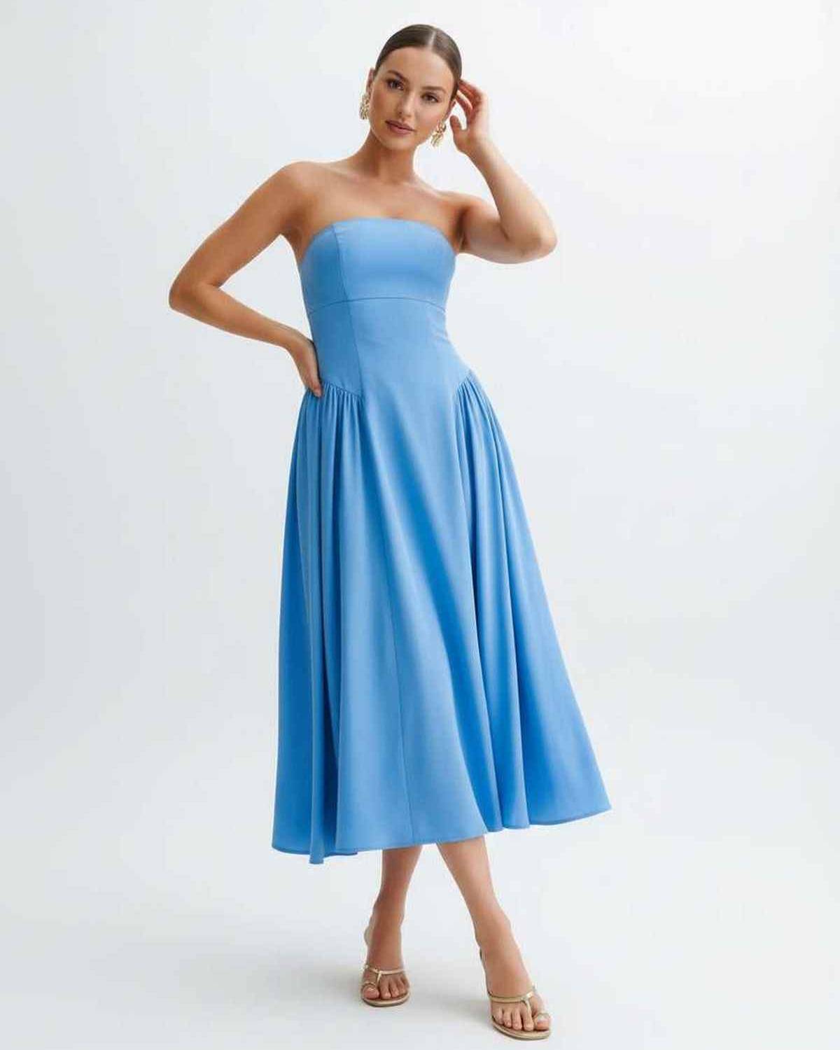 Soleil Midi Dress by Lauven, light blue strapless midi dress with pleated skirt, modern and feminine silhouette.