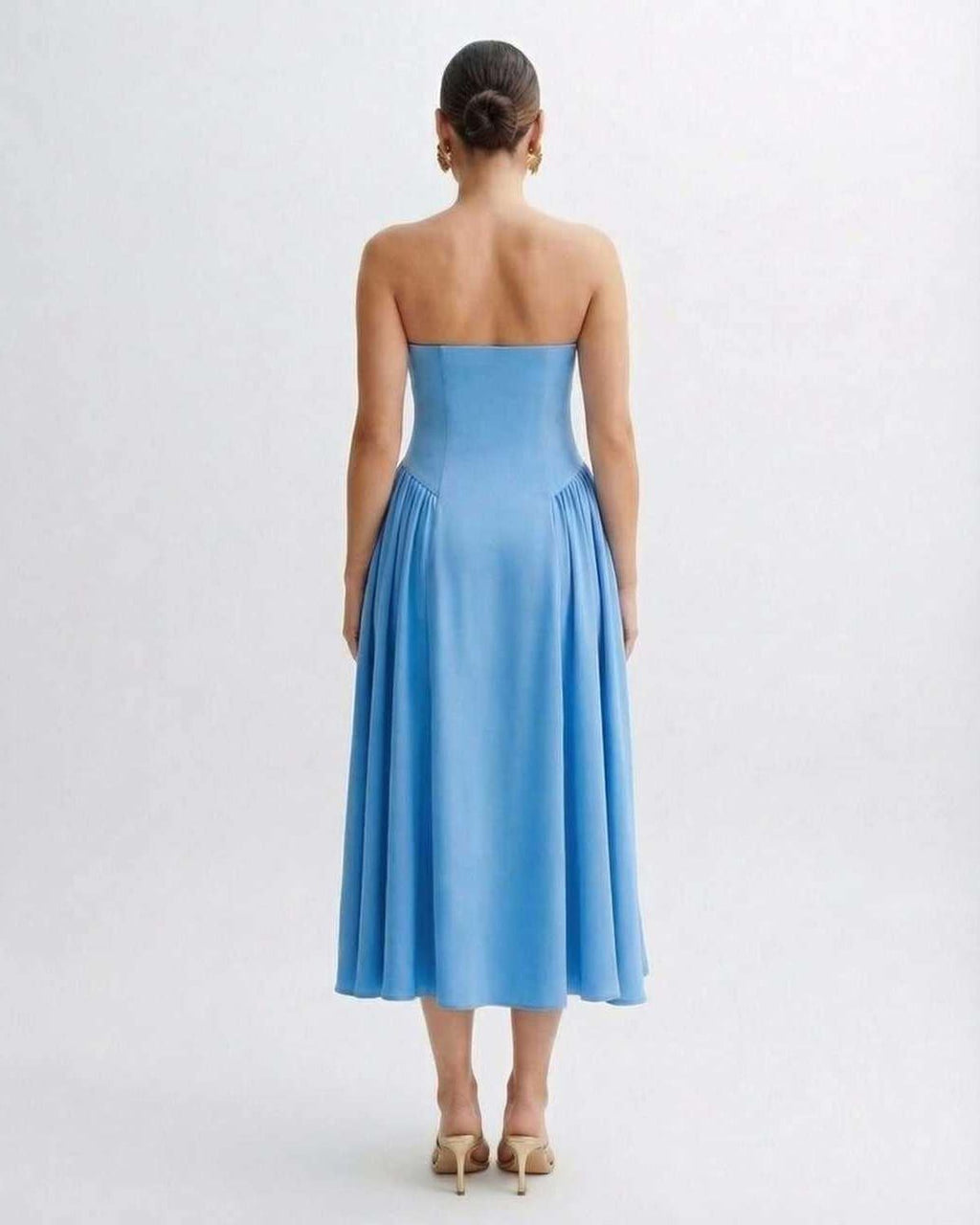 Soleil Midi Dress - Strapless light blue midi dress by Lauven, featuring a polished silhouette and pleated skirt.