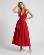 Soleil Midi Dress by Lauven — Red halter neck dress with backless detail, elegant silhouette for special occasions.