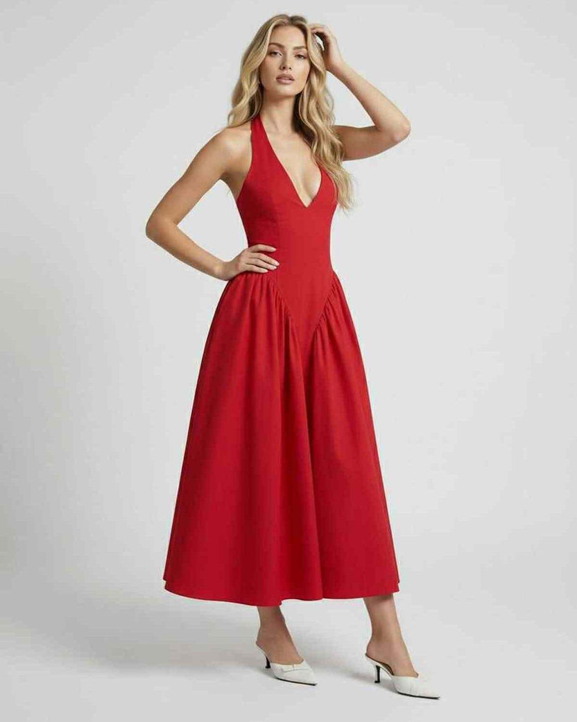 Soleil Midi Dress featuring a halter neck and backless design, perfect for special occasions by Lauven.