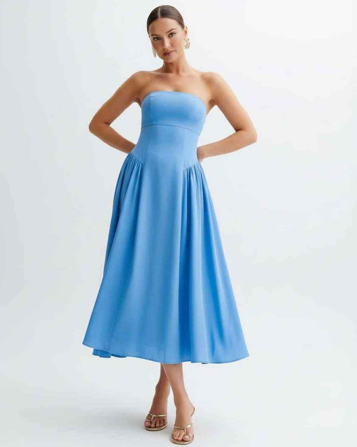 Soleil Midi Dress by Lauven, strapless light blue pleated midi dress, modern feminine silhouette, perfect for special occasions.