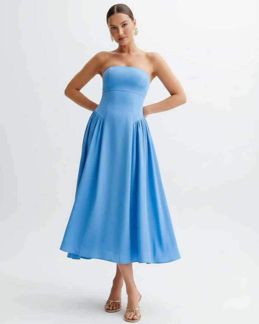 Soleil Midi Dress by Lauven, strapless light blue pleated midi dress, modern feminine silhouette, perfect for special occasions.