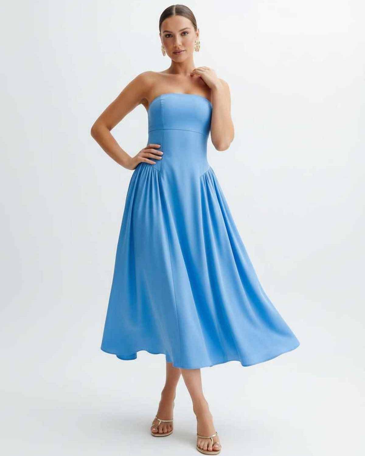 Soleil Midi Dress by Lauven, a strapless light blue cocktail dress with pleated skirt and modern feminine silhouette.