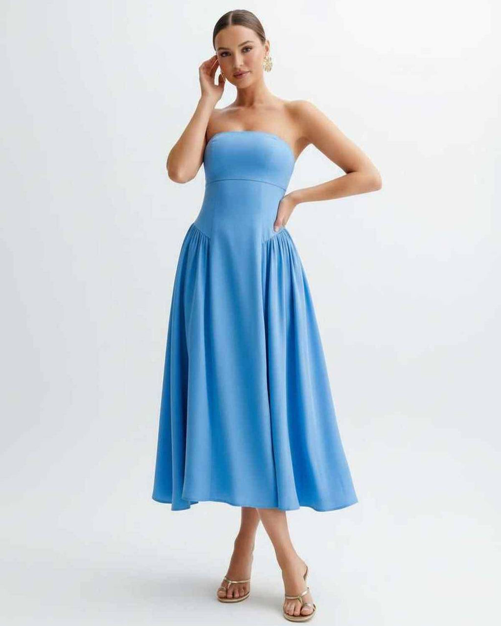 Soleil Midi Dress - Strapless light blue dress with pleated skirt by Lauven, modern and feminine for any occasion.