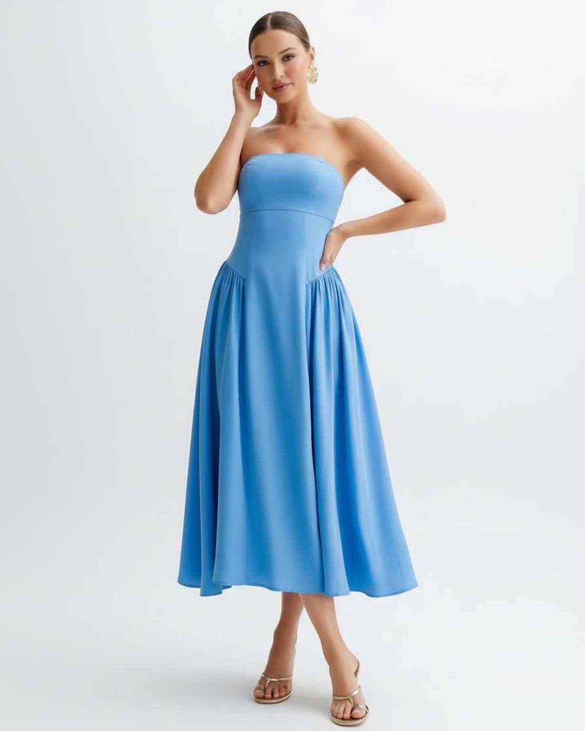 Soleil Midi Dress - Strapless light blue dress with pleated skirt by Lauven, modern and feminine for any occasion.