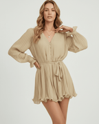 Soleil Mini Dress by Lauven in warm beige chiffon with pleated texture and elegant silhouette.