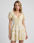 Soleil Mini Dress by Lauven featuring soft floral print, tiered ruffles, and elegant A-line silhouette for a romantic charm.