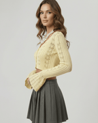 Solene Cardigan by Lauven, soft yellow cropped sweater with intricate openwork knit and flattering V-neckline.