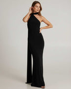 Solene Maxi Dress featuring a halter neck, fluid silhouette, and sleek design by Lauven, perfect for formal occasions.