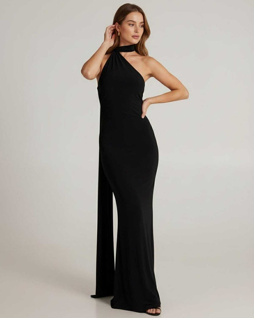 Solene Maxi Dress featuring a halter neck, fluid silhouette, and sleek design by Lauven, perfect for formal occasions.