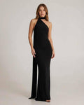 Solene Maxi Dress showcasing a black halter neck design with draped sash, perfect for evening wear by Lauven.