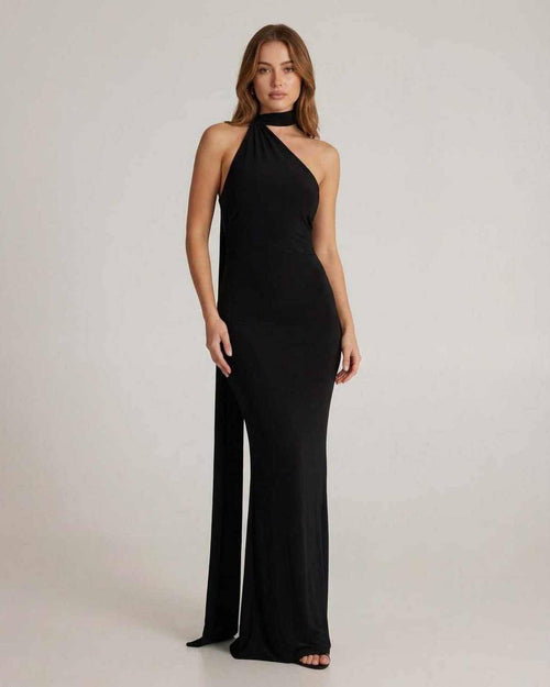 Solene Maxi Dress showcasing a black halter neck design with draped sash, perfect for evening wear by Lauven.