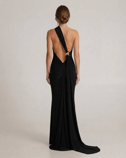 Solene Maxi Dress - Elegant black dress with a halter neck and draped sash from Lauven, perfect for formal occasions.