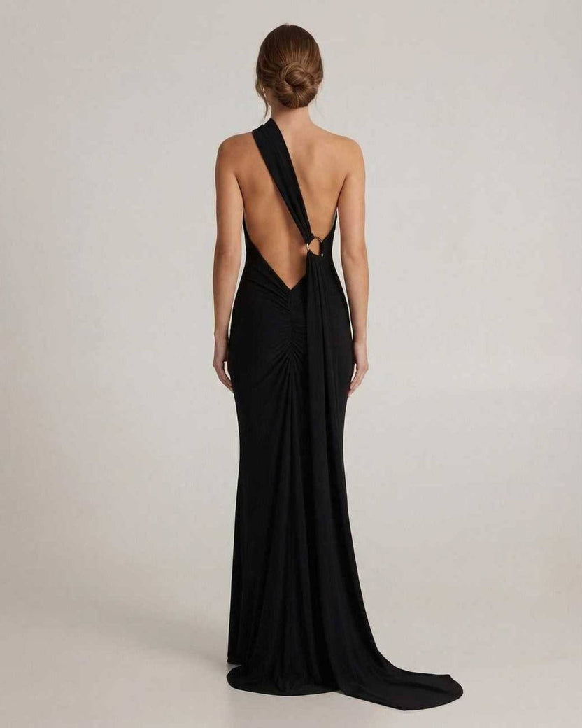 Solene Maxi Dress - Elegant black dress with a halter neck and draped sash from Lauven, perfect for formal occasions.