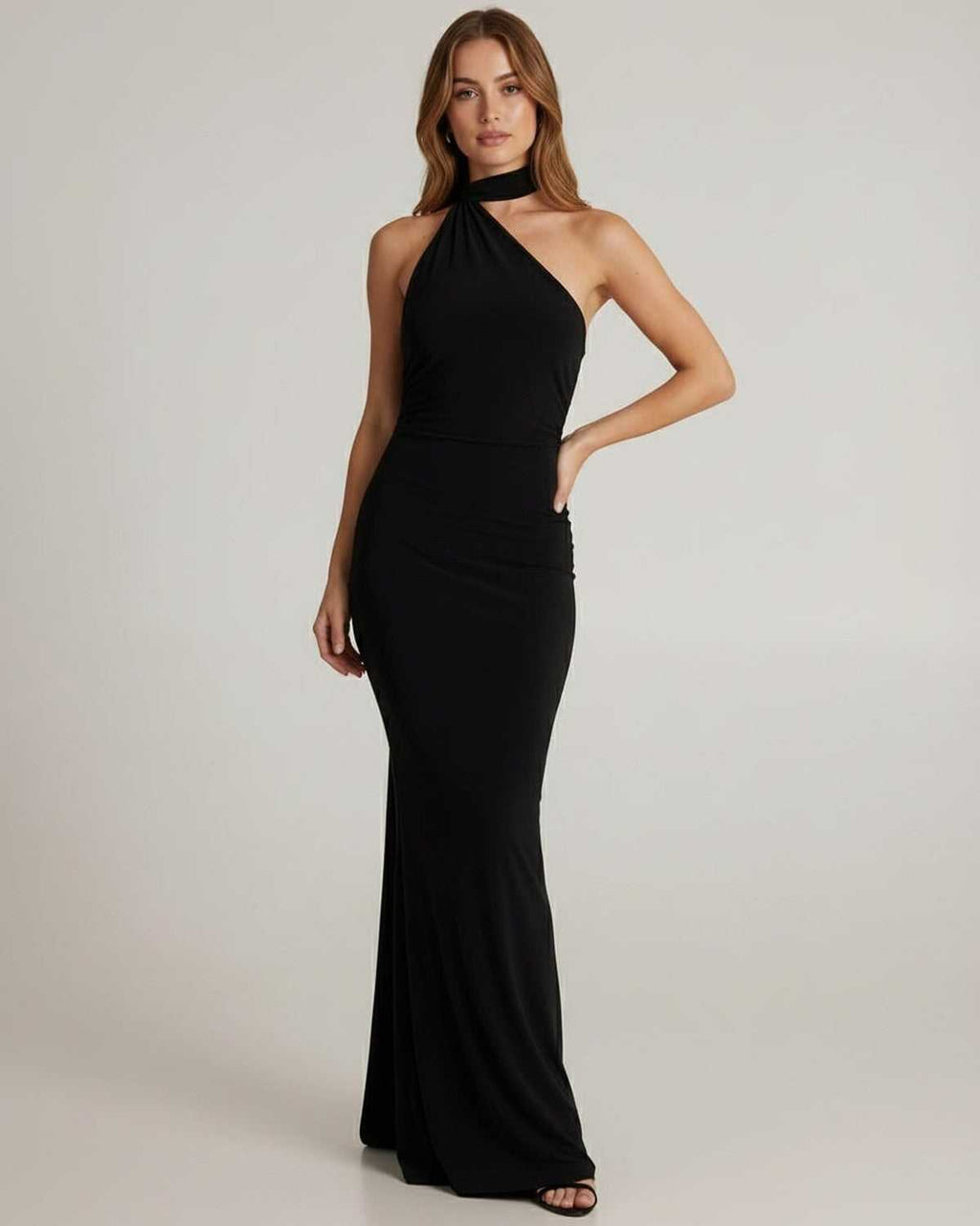 Solene Maxi Dress - Black Halter Neck Dress with Draped Sash by Lauven, perfect for formal occasions.