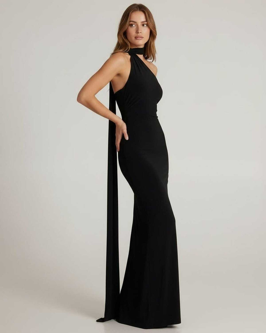 Solene Maxi Dress featuring a halter neck, draped sash, and sleek silhouette by Lauven, perfect for formal occasions.