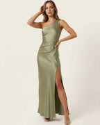Solene Maxi Dress, satin fabric, one-shoulder neckline, elegant sage green, side slit by Lauven.