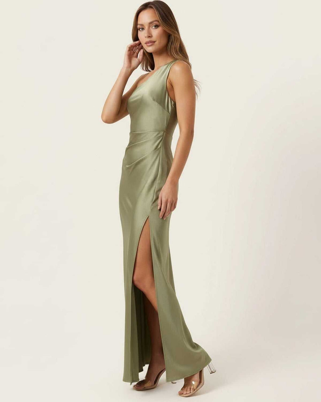 Solene Maxi Dress by Lauven in elegant sage green satin with one-shoulder neckline and side slit for modern allure.