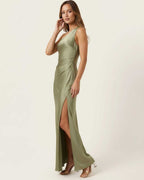 Solene Maxi Dress by Lauven in elegant sage green satin with one-shoulder neckline and side slit for modern allure.