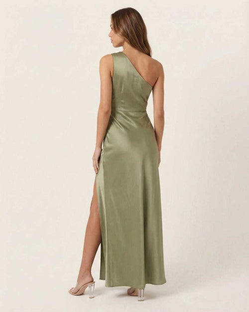 Solene Maxi Dress showcasing a sage green satin fabric, one-shoulder neckline, and elegant side slit from Lauven.