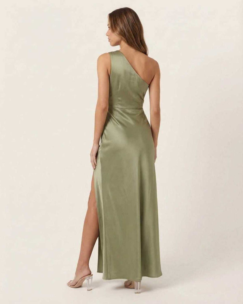 Solene Maxi Dress showcasing a sage green satin fabric, one-shoulder neckline, and elegant side slit from Lauven.