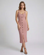 Solene Midi Dress by Lauven, ribbed blush-pink sleeveless midi dress with button front and front split.