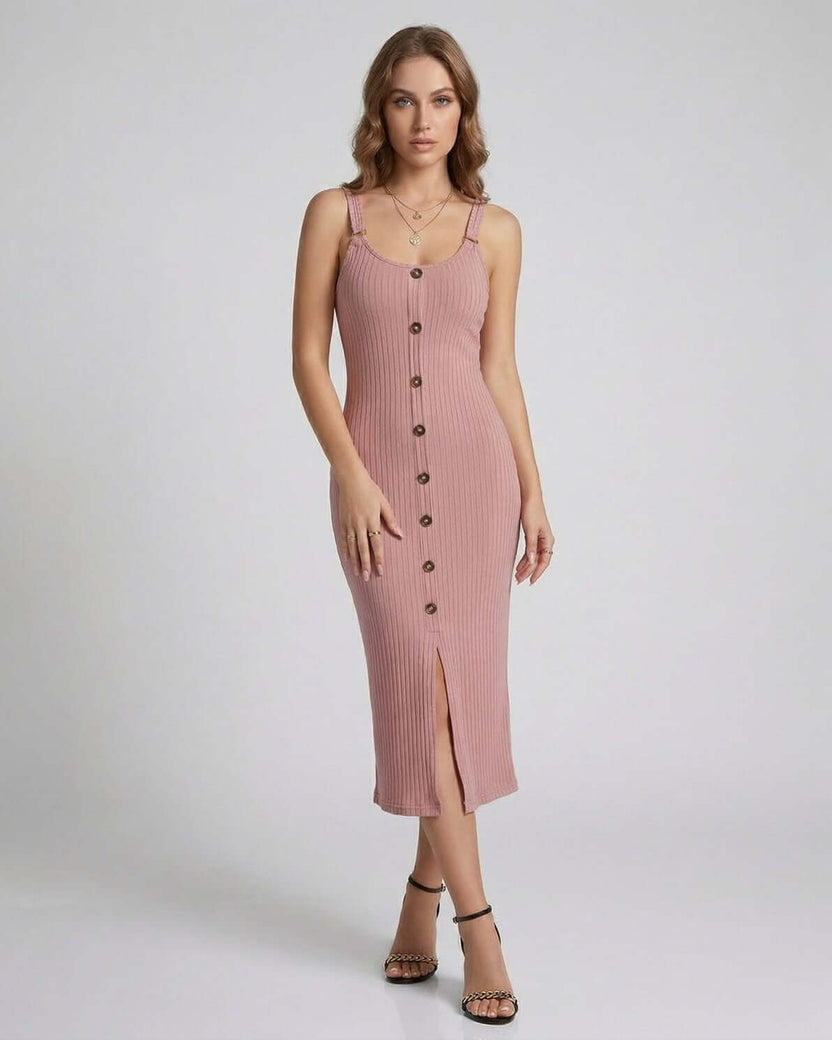 Solene Midi Dress by Lauven, ribbed blush-pink sleeveless midi dress with button front and front split.