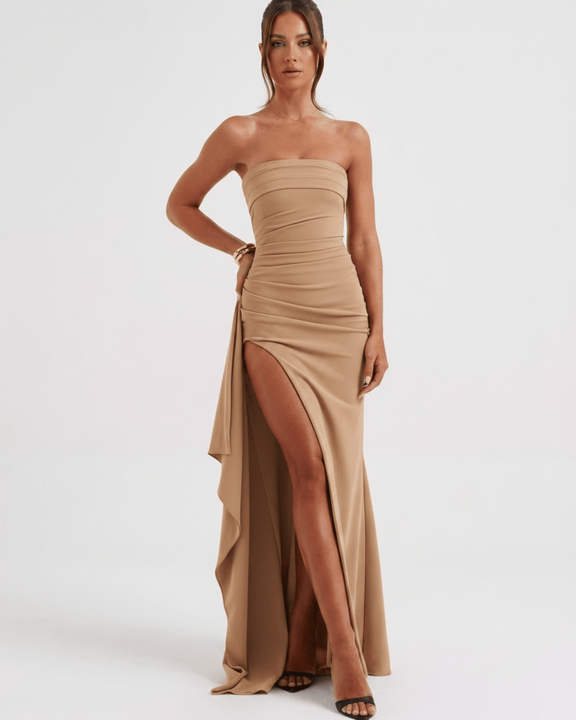 Solenne Maxi Dress - Bandeau, asymmetrical design, dramatic side slit, Lauven brand elegance