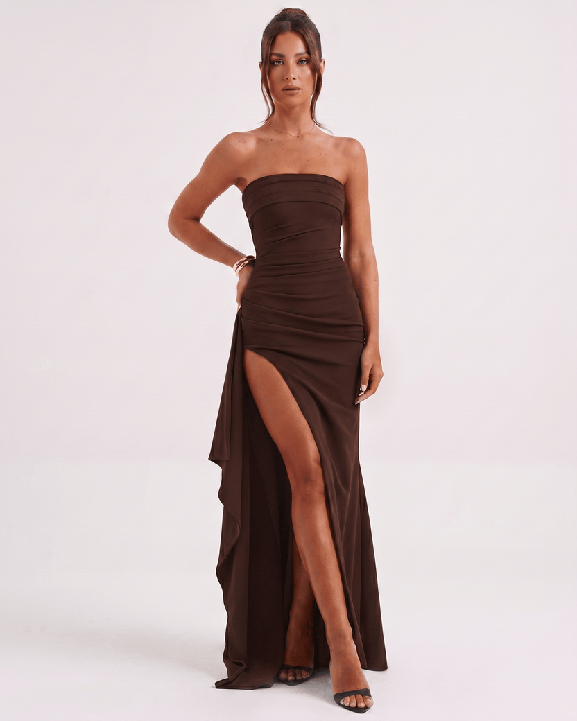 Solenne Maxi Dress featuring a bandeau design, high waist, side slit, and fluid polyester fabric by Lauven.