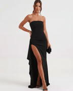 Solenne Maxi Dress by Lauven, black bandeau maxi dress with dramatic side slit and fluid drape.