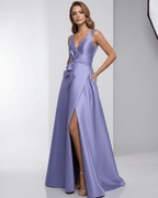 Solenne Maxi Dress in lavender satin, A-line silhouette, deep V-neck, and elegant flowing design by Lauven.