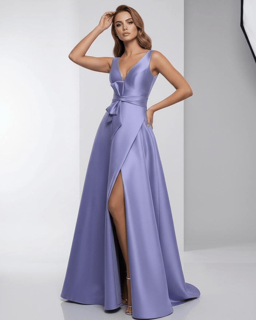 Solenne Maxi Dress – Lavender satin A-line V-neck, elegant and flowy evening gown by Lauven.