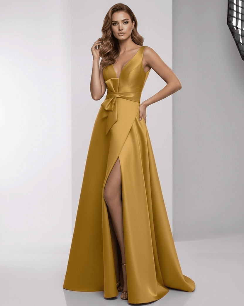 Solenne Maxi Dress - Luxurious golden satin A-line dress with wrap slit and bow detail from Lauven, exuding elegance.