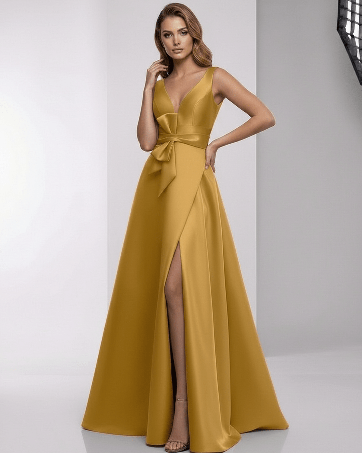 Solenne Maxi Dress - luxurious satin A-line dress with wrap slit, bow detail, and rich golden hue by Lauven.