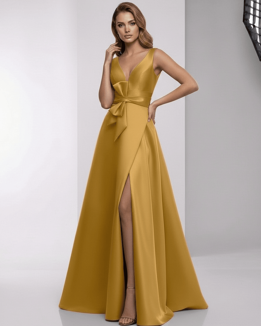Solenne Maxi Dress - luxurious satin A-line dress with wrap slit, bow detail, and rich golden hue by Lauven.