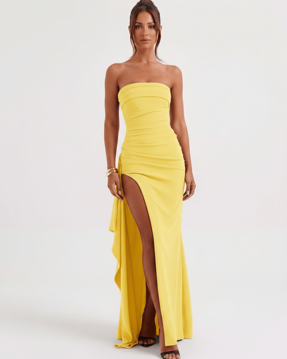 Solenne Maxi Dress - strapless yellow bandeau with high waist, side slit, asymmetrical drape by Lauven.