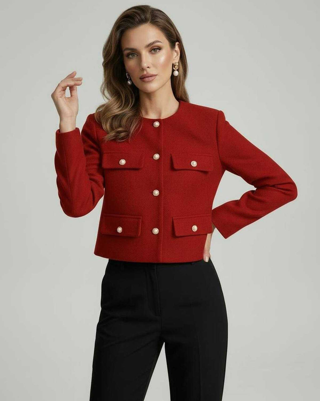 Soleil Jacket by Lauven, vibrant red wool blend with gold buttons, perfect for sophisticated style.