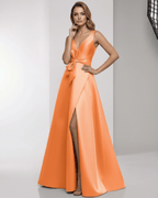 Solmira Maxi Dress in vibrant orange satin with wrap slit and bow waist, perfect for formal occasions by Lauven.