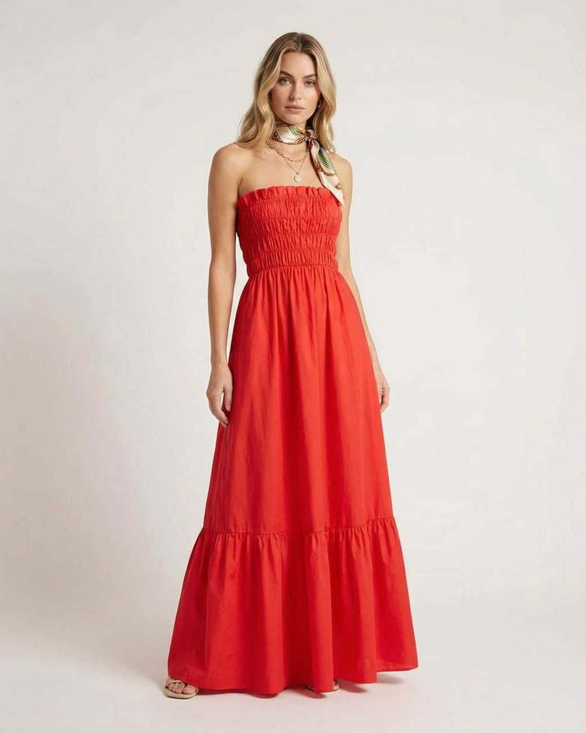 Sorella Maxi Dress - Elegant red strapless design with smocked bodice, perfect for summer, by Lauven.