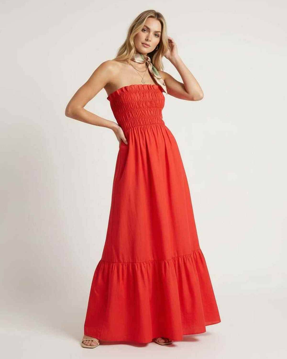 Sorella Maxi Dress - Red strapless maxi dress with smocked bodice by Lauven, perfect for summer with a relaxed silhouette.