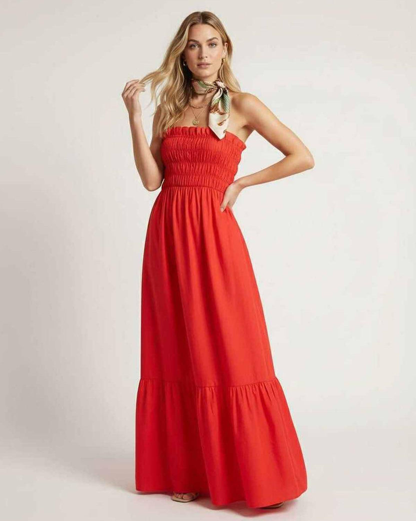 Sorella Maxi Dress with smocked bodice in vibrant red, perfect for summer by Lauven. Relaxed, flowing silhouette.