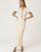 Sorrento Maxi Dress by Lauven – Women’s beige ribbed knit dress with collared button detail.