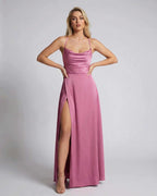 Sorrento Maxi Dress by Lauven - Elegant pink satin slip maxi dress with high slit and delicate straps.